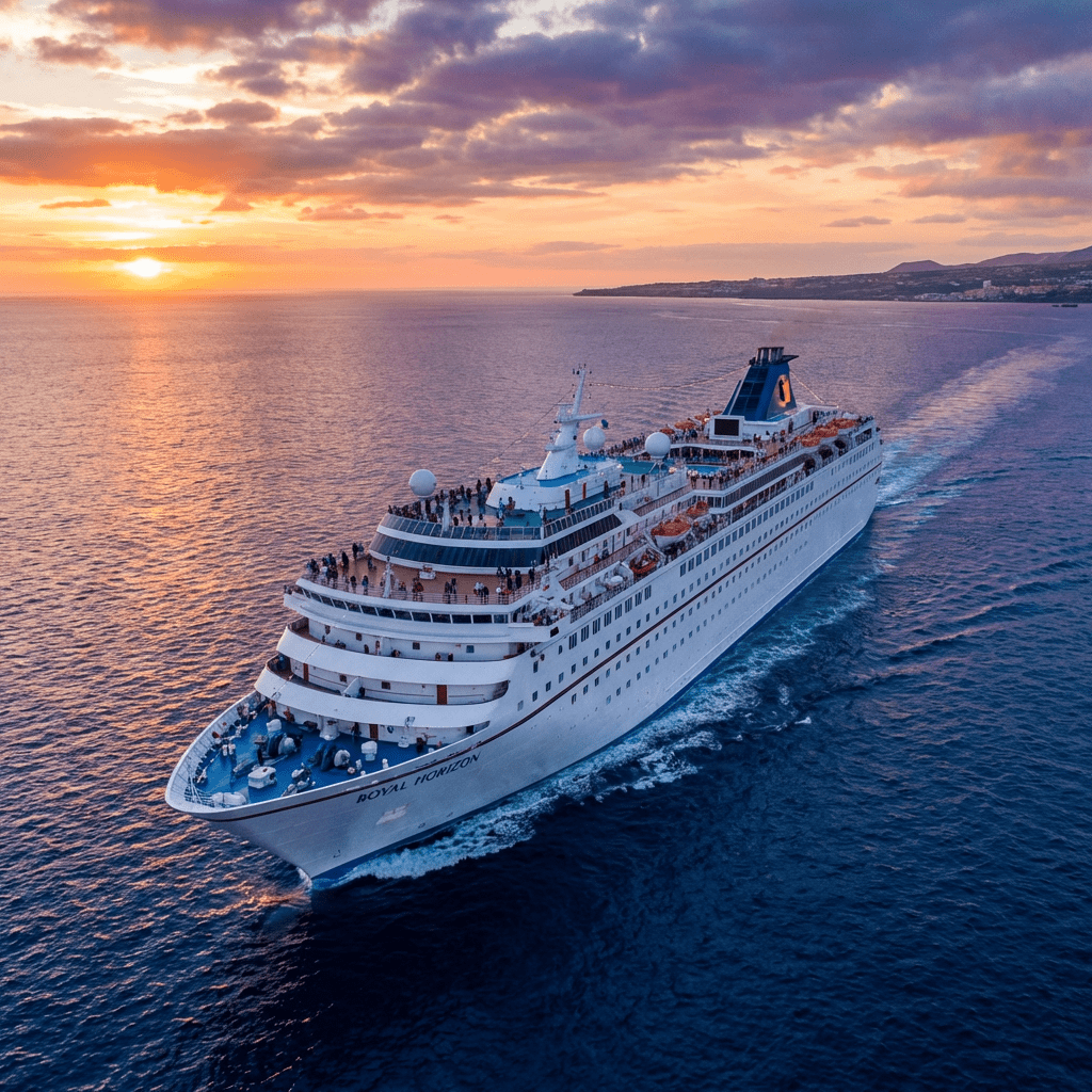 Large cruise ship named Royal Horizon sailing on the ocean during a vibrant sunset.