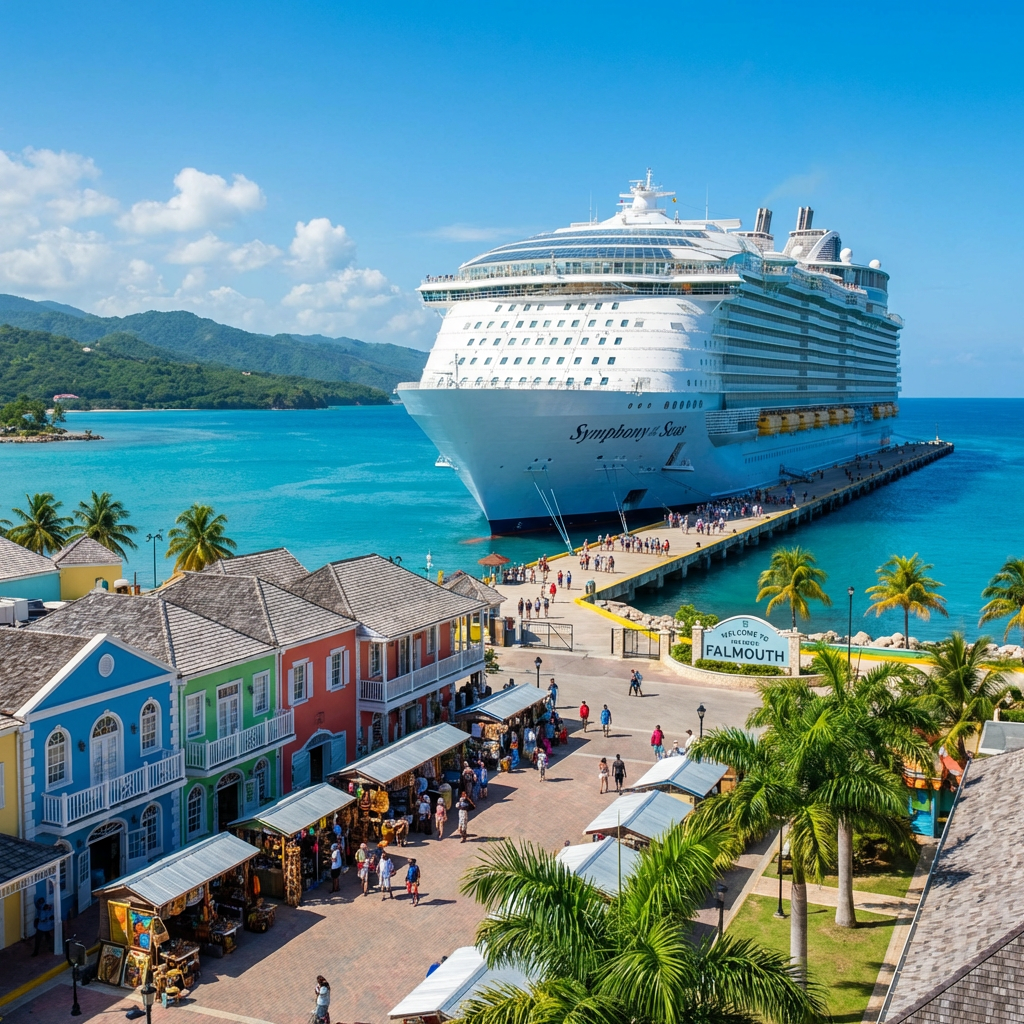 Symphony of the Seas docked at Falmouth port with vibrant colonial buildings and palm trees.