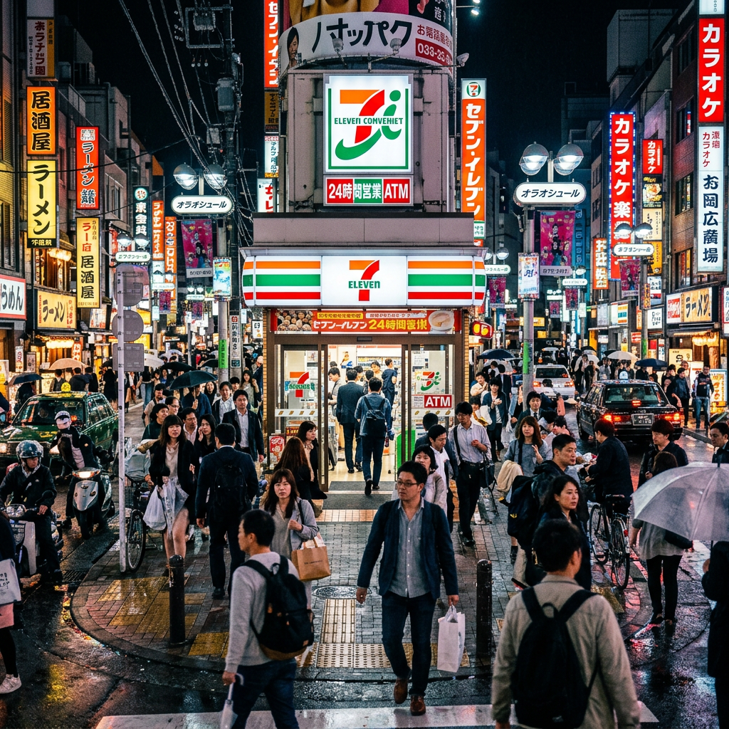 Crowded street at night with illuminated signs in Japanese and a 7-Eleven convenience store in the center
