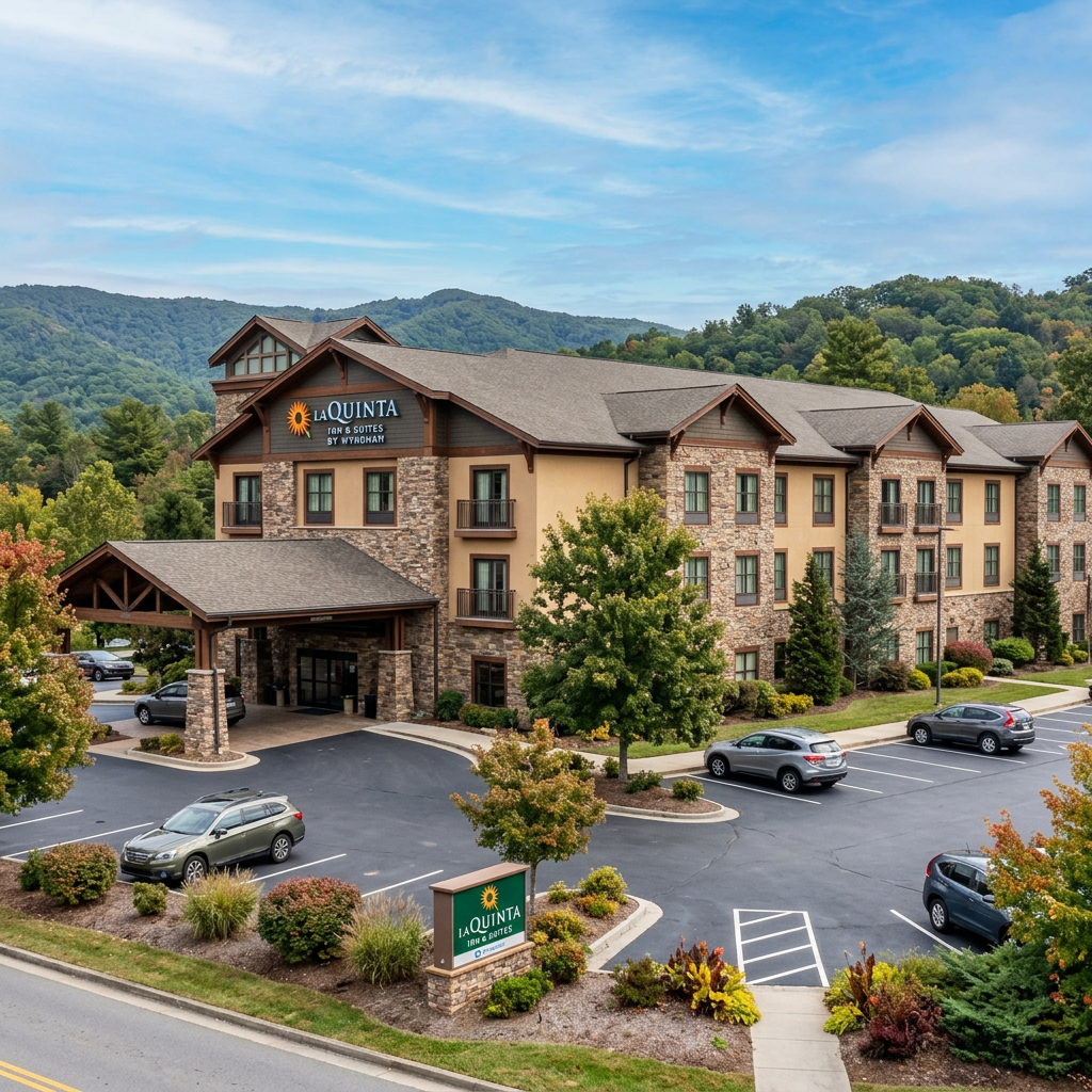 La Quinta Inn & Suites hotel building with stone and wood exterior surrounded by trees and mountains