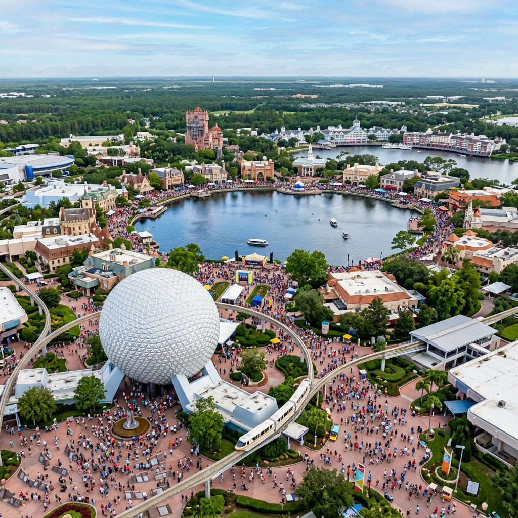 Geodesic sphere and surrounding theme park area crowded with visitors