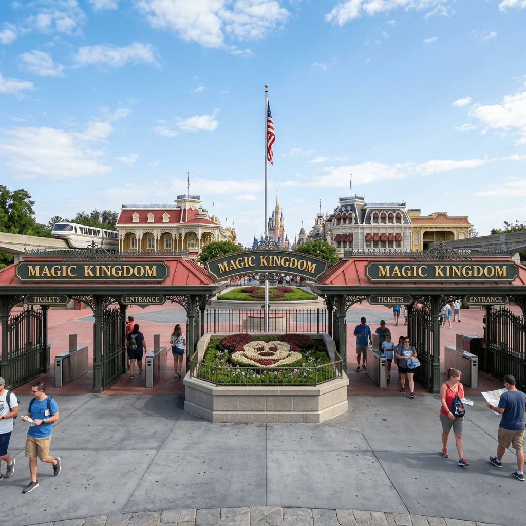 Magic Kingdom entrance gates with visitors and Cinderella Castle visible behind