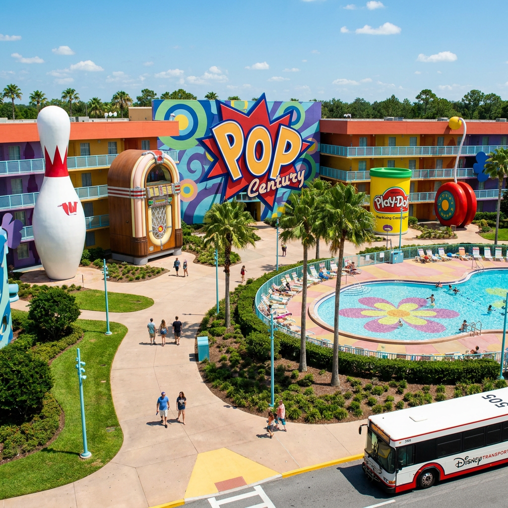 Disney’s Pop Century Resort with colorful buildings, pool, and Disney bus